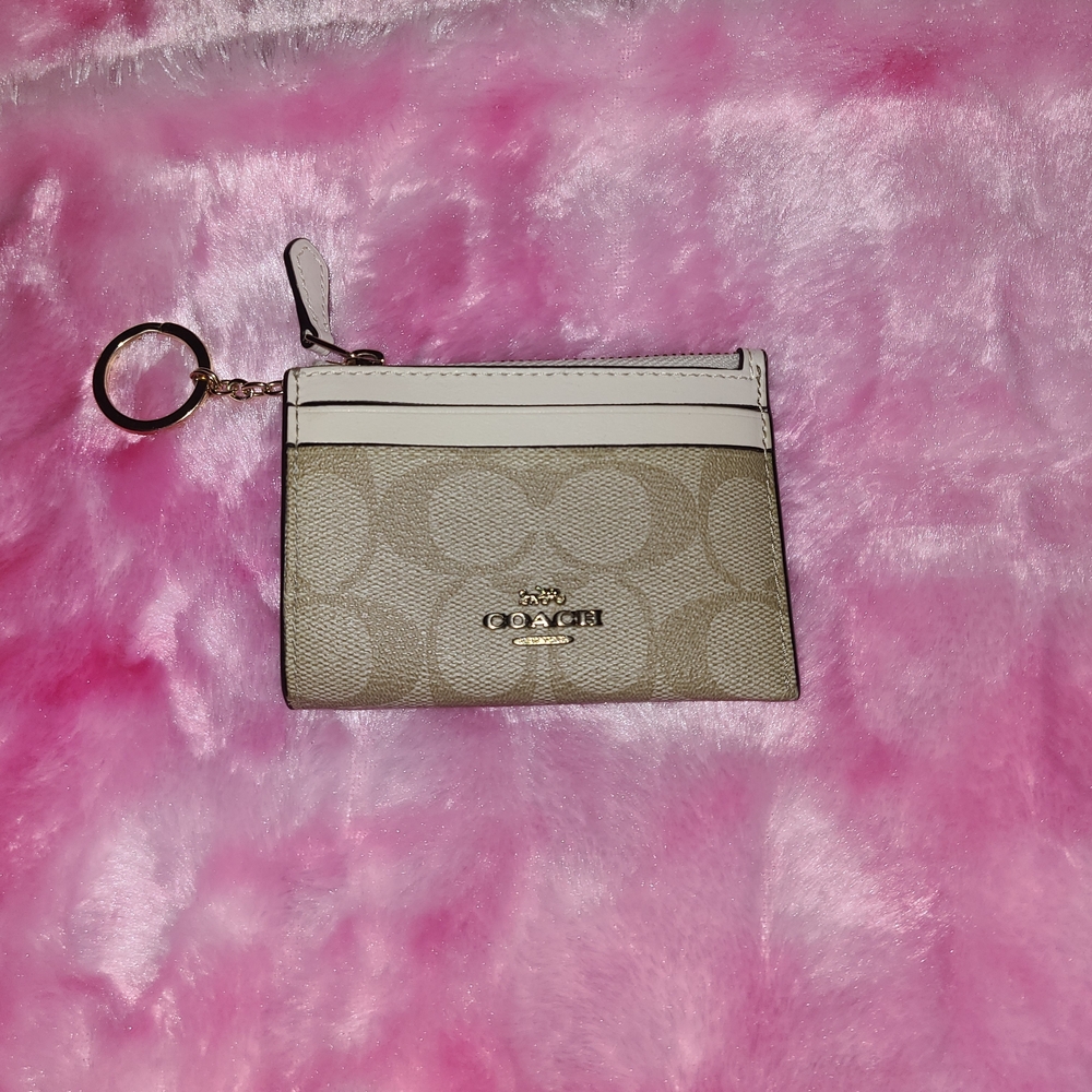 Coach Beige and White Signature Coin Pouch